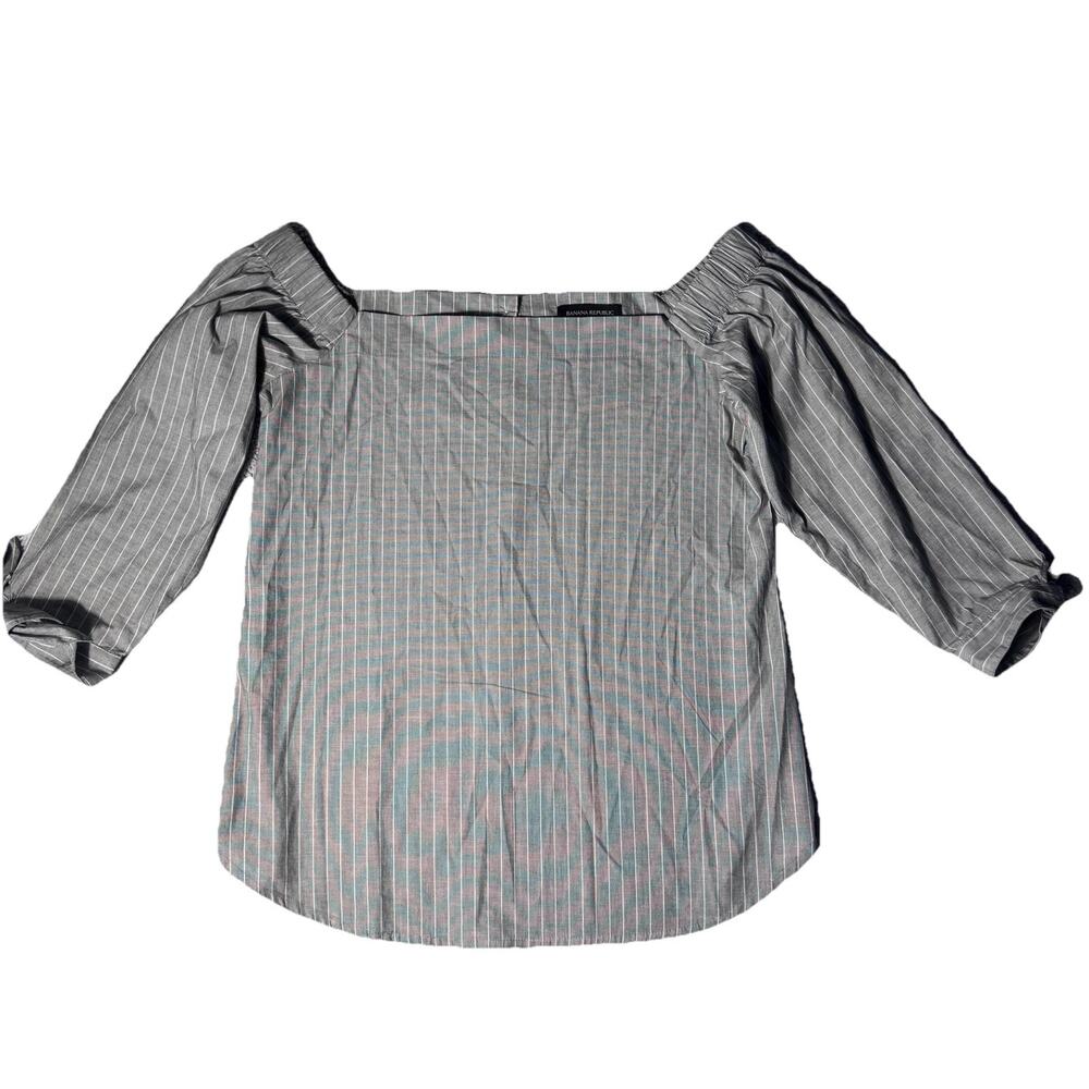 Banana Republic Grey Stripe Square Neck Blouse S Tie Sleeves Preppy EUC Capsule